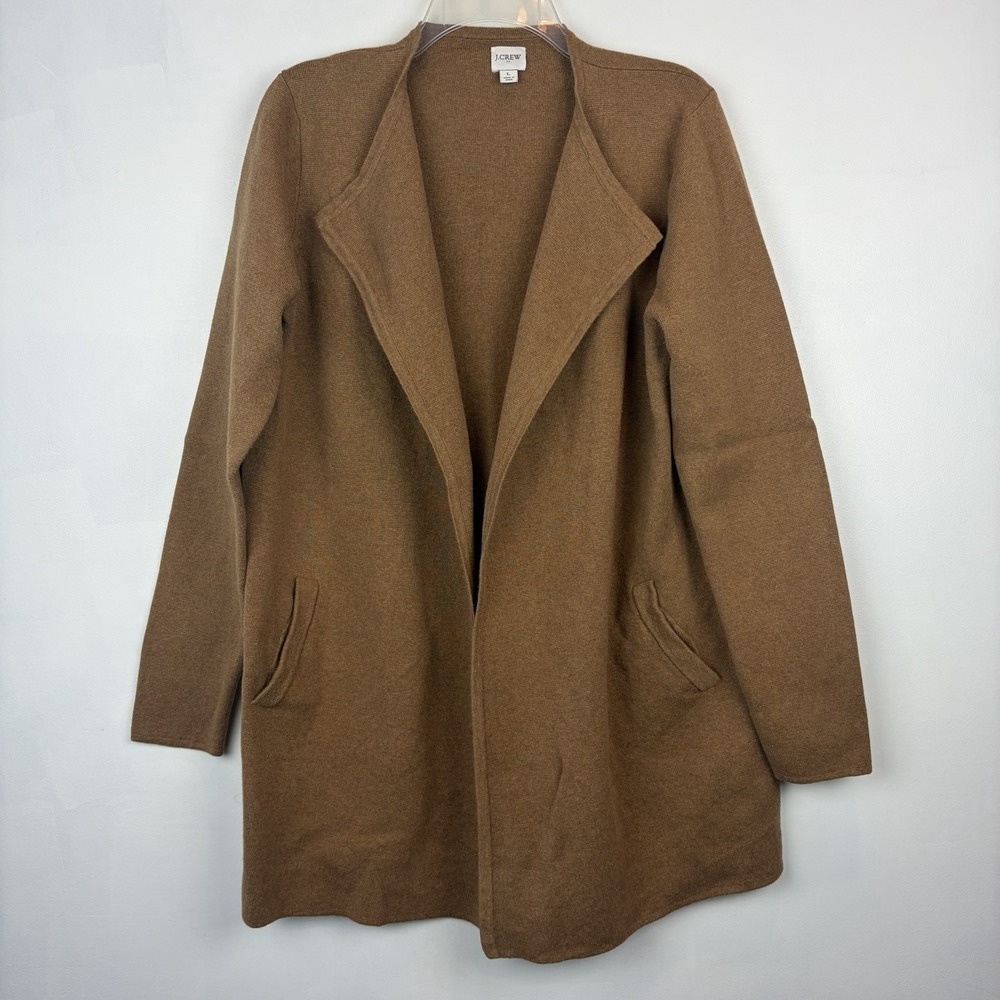 J Crew Vanessa Sweater Jacket Camel Brown Womens Large Open Longline Pockets